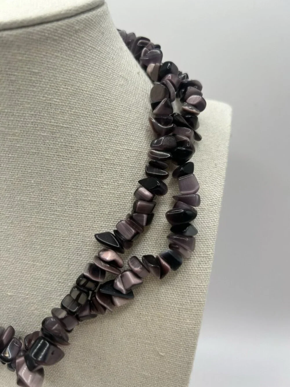 Purple Cat’s Eye Glass Chip Necklace Long 32” Boho Statement Vintage Jewelry